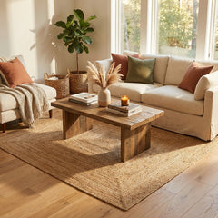 Living room with beige sofa, wooden coffee table, and square jute rug.