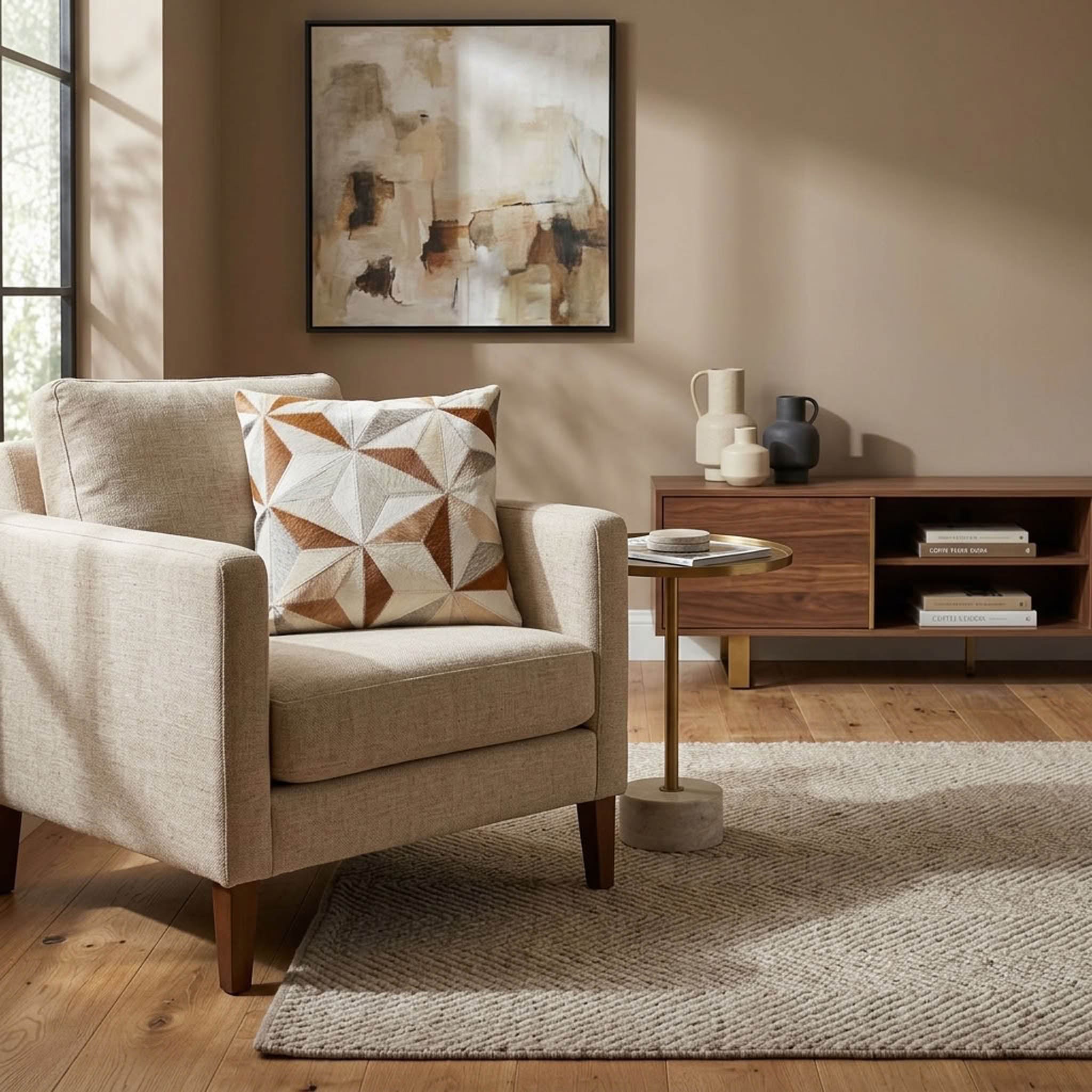Tan and ivory geometric cowhide patchwork cushion on a neutral armchair in a modern living room