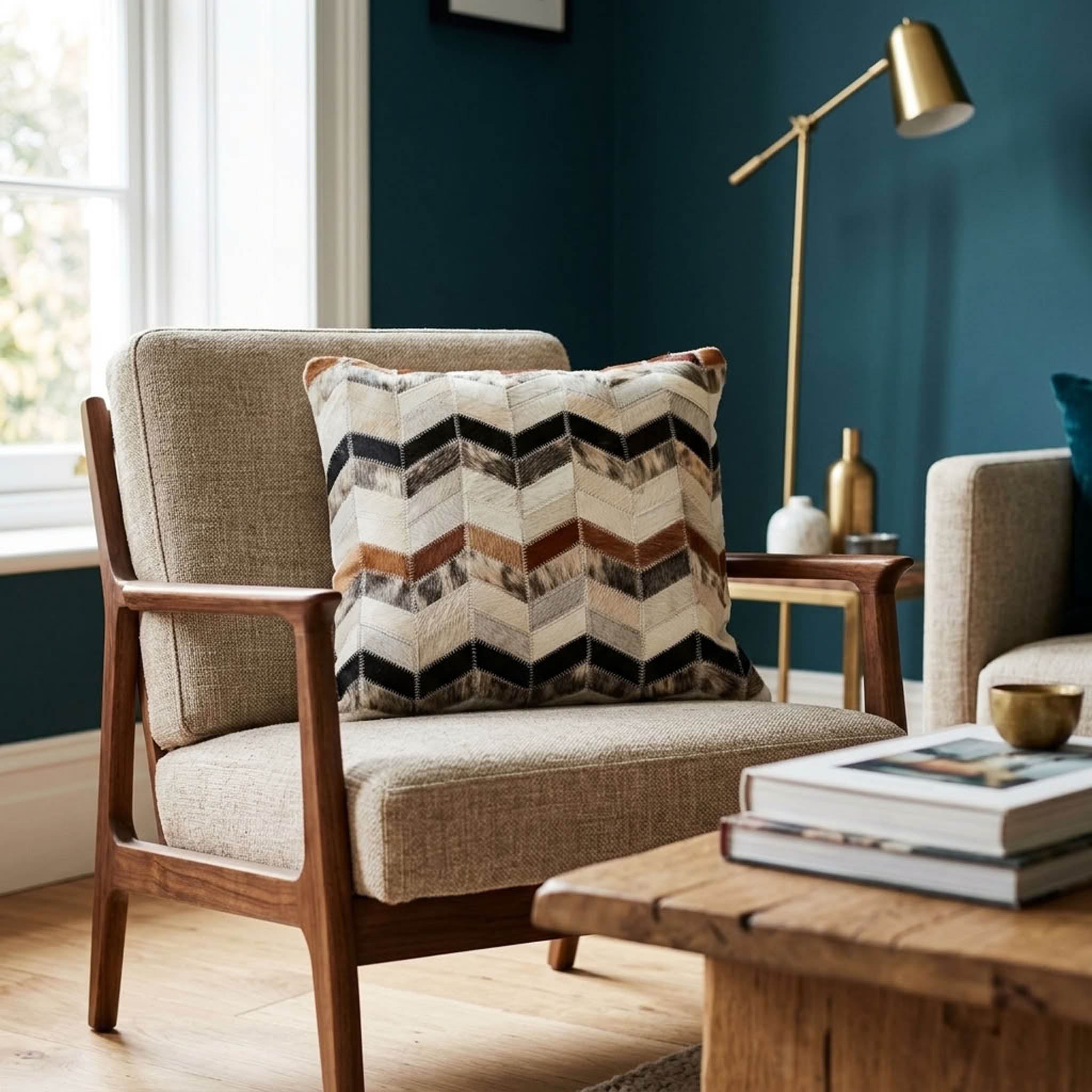 Tricolor cowhide patchwork cushion with chevron pattern on a neutral armchair in a modern living room