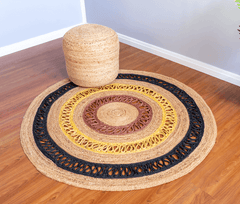 Yellow & Black Handmade Jute Round Rug