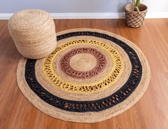 Yellow & Black Handmade Jute Round Rug