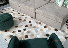 Dark Beige White Diamond Cowhide Patchwork Rug