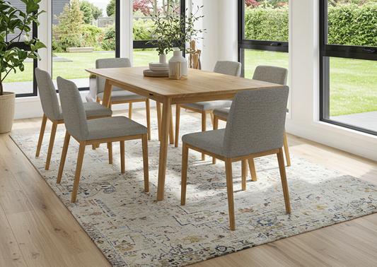 200x300 rug under six-seater dining table in NZ home