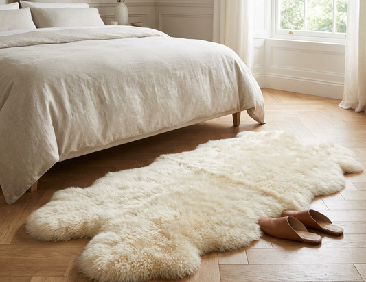 Fluffy white sheepskin rug in bedroom