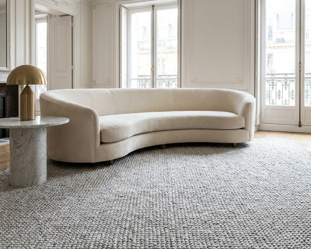 Large wool rug defining open-plan living area