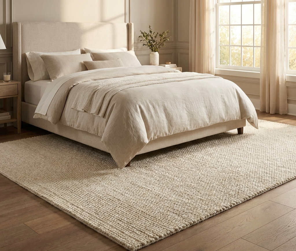 Large wool rug placed under king bed in New Zealand bedroom