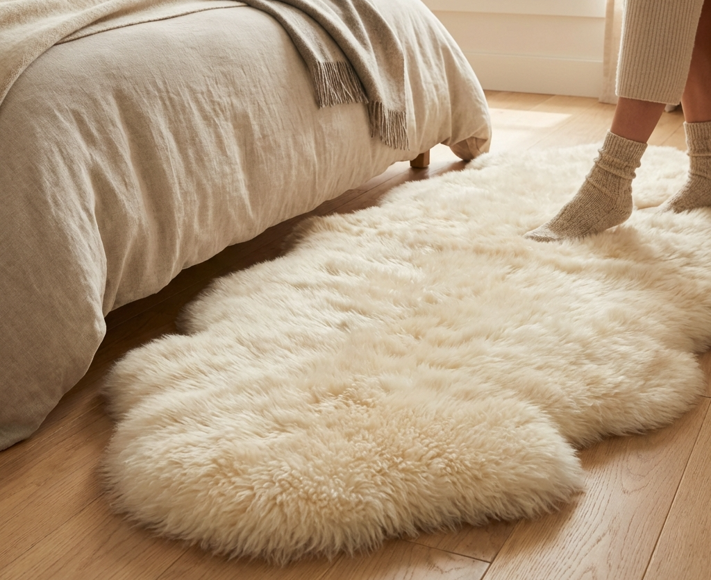 Natural sheepskin rug styled in a modern New Zealand bedroom with wooden floors