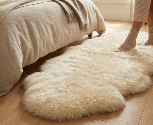 Natural sheepskin rug styled in a modern New Zealand bedroom with wooden floors
