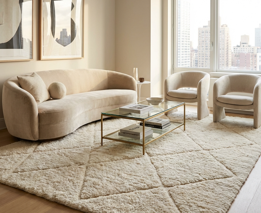 Neutral beige rug styled in modern living room with timber flooring