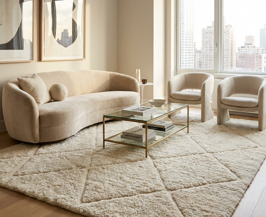 Neutral beige rug styled in modern living room with timber flooring