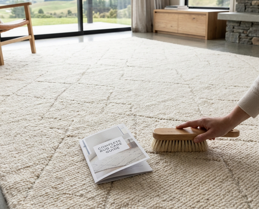 Premium wool rug in modern New Zealand living room – complete rug care and maintenance guide NZ