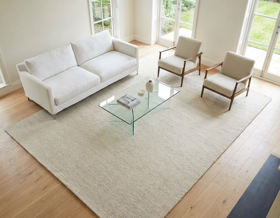 large cream rug under sofa in open plan living room