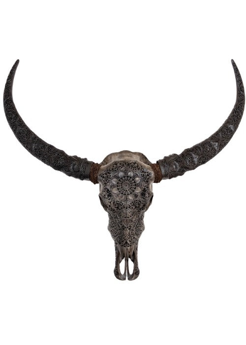 Authentic Dark Grey Hand Carved Buffalo Skull And Horns
