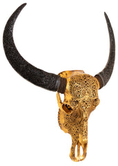 Authentic Antique Gold Hand Carved Buffalo Skull And Horns