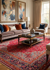 Oriental hand-knotted Persian wool rug in a classic traditional living room