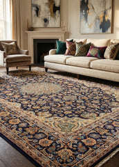 Oriental hand-knotted Persian wool rug in a classic traditional living room