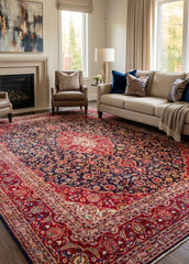 Oriental hand-knotted Persian wool rug in a classic traditional living room