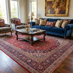Oriental hand-knotted Persian wool rug in a classic traditional living room