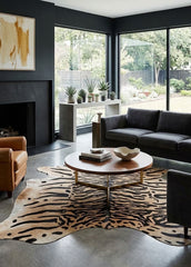 Tiger printed cowhide rug with genuine hair-on-hide texture