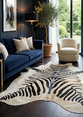 Zebra print cowhide rug