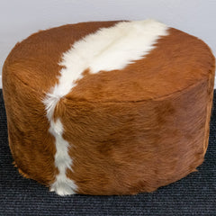 Round Cowhide Ottoman - Brown & White