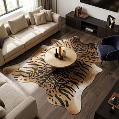 Genuine dark tiger print cowhide rug in natural hide shape