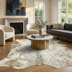 gold speckled cowhide rug in the living room
