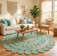 Living room with a large round teal jute rug, beige sofa, wooden coffee table, and decorative elements.