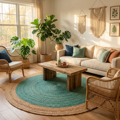 Cozy living room with a beige sofa, wooden coffee table, and jute round rug.