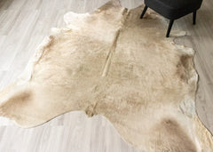 Chmapgne Beige cowhide rug on a wooden floor