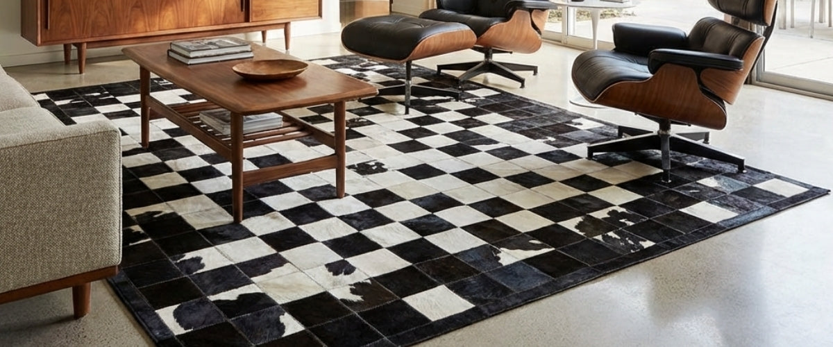 Patchwork cowhide rug with stitched and quilted patch design