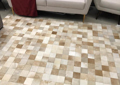 Beige And White Block Cowhide Patchwork Rug